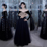 Evening Dress Black Shoulder Atmospheric Host Music Student Ceremony Banquet Punt Skirt HZ0517