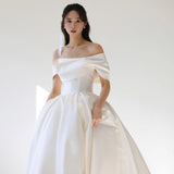 French Word Shoulder Light Wedding Dress 2025 New Temperament Long-Term Vertewn Wedding White Bride Welcome Yarn Dress HZ0517