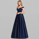 One-Word Shoulder Dress 2026 New Hot Female V-Neck Solid Color Long Retro Dress Banquet Evening Dress HZ0517