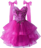 Layered Tulle Back To School Dress Sparkling Lace Decals Bow Strap Teen Short Prom Dress HZ0517