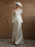 One-Word Shoulder-To-Shoulder Wedding Dress Simple Bride Long Sleeves Out Of The Yarn New Small-Sin-Faced Fishtail Welcome Dress Female HZ0517