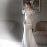 Korean One-Word Shoulder Wedding Dress 2026 New Bridal Temperament Waist Fish Tail Showing Thin And Stew Welcome To Go Out Light Yarn Autumn HZ0517