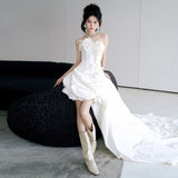 White Sexy Breasted Flower Light Wedding Dress 2026 New French Thin Simple Stume Welcome Yarn HZ0517