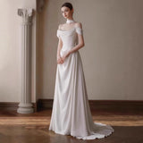 One-Word Shoulder-Sand-Faced Light Wedding Dress 2026 Spring Winter New Bridal White Yarn White Tail Dress HZ0517