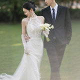 French Light Wedding Dress 2026 Bride's New Heavy Industry Lace Heben Style Banquet Hanging Neck Fishtail Evening Dress HZ0517