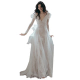 Long-Sleeved French Light Wedding Dress 2026 Spring New Lace V-Neck Yarn Bride Welcome Engagement Dress HZ0517