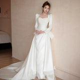 Site Long-Sleeved Light Wedding Dress Bridal French High-Grade White Simple Hepburn Style Go Out Yarn Tail Welcome Dress HZ0517