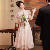 New Chinese Improved Cheongsam Toasting Bridal Engagement Evening Dress Pink Body Quality Sweet Dress High Sense HZ0517