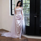 One-Word Shoulder-Singed Fish-Tailed Light Wedding Dress French-Style Niche Go Out Yarn Super Xiansen Family Travel Light Dress Sexy Open Fork HZ0517