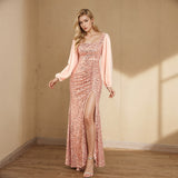 New Women's Sexy Double U-Neck Long Sleeve Shiny Evening Dress Chiffon Spliced High Open Wrinkles Long Skirt HZ0517