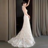 Hanging Neck Light Wedding Bridal Fishtail Lace Go Out White Retro French Welcome Evening Dress Temperament Evening Dress HZ0517