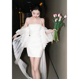 Simple Light Wedding Dress Small Bride Shoulder Engagement Dress Bra Morning Dress French Certificate Registration Small White Dress HZ0517