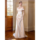 French-Style Linden Face Shoulder Light Wedding Dress Bride Simple Go Out Yarn Super Xian Sen System Body Fishtail White Dress Dress HZ0517
