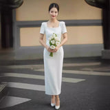 French Style Collar Short Sleeves Light Wedding Dress Dress Dress Bride Engagement Back Door Small Dress To Get A Little White Dress HZ0517