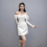 French One-Word Shoulder-To-Shoulder Wedding Bridal Engagement Long-Sleeved Certificate Registration Small White Skirt Elegant Short Dress HZ0517