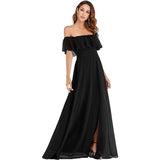 New One-Character Collar Solid-Colored Dress Sleeveless Long-Sleeved-Sided Chiffon Evening Dress Open Skirt HZ0517