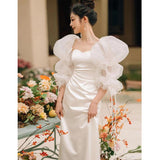 French Light Wedding Dress Lint Temperament Shoulder Yarn Small Tail Smear Bride Welcome Evening Dress White HZ0517