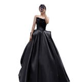 Brass High-End Feeling Black Vertiny Evening Dress Annual Dress Dress Girl Banquet Light Luxury Small Princess Dress Waist Thin HZ0517