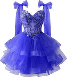 Layered Tulle Back To School Dress Sparkling Lace Decals Bow Strap Teen Short Prom Dress HZ0517