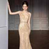 Golden Evening Dress Female Squint Fishtail Bride To Dress Wedding Dress Tout Light Luxury Niche Banquet Temperament Host HZ0517