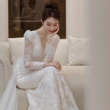 Summer Long-Sleeved Lace Light Wedding Dress 2026 New Bridal French Welcome Yarn Tug Fishtail Dress Dress HZ0517