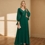 Dress 2026 New Double V-Neck Beads Spliced Chiffon A-Word Swing Full-Line Party Evening Dress Dress HZ0517