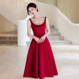 Red Vintage Bridal Engagement Evening Dress Banquet High-End Toasting Temperament Elegant Hepburn Style Simple Dress HZ0517