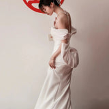French Word Shoulder Light Wedding Bride Simple Line Welcome To Go Out White Body-Scrut-Sand-Faced Fishtail Dress Dress HZ0517