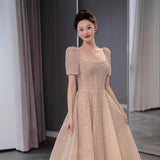 Champagne High-End Evening Dress Light Luxury Niche Banquet French-Style Squint Elegant Host Fairy Dress HZ0517