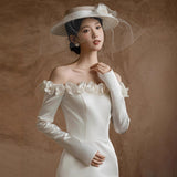 One-Word Shoulder-To-Shoulder Wedding Dress Simple Bride Long Sleeves Out Of The Yarn New Small-Sin-Faced Fishtail Welcome Dress Female HZ0517