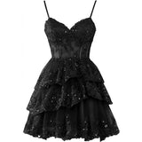 Fine Shoulder Strap Tulle Sling Evening Dress Party Ball Dress Short Lace Lace Dress High Sense HZ0517
