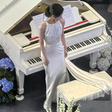 Hanging Neck Bare Back Sleeveless Dress Card Small White Dress Wedding Dress Light Small Small Tail French Light Wedding Dress HZ0517