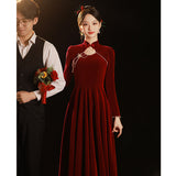Long-Sleeved Cheongsam Toasting Bride 2026 New Engagement Dress Long Red Velvet Wedding Dress HZ0517