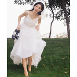 Small Man Light Yarn Simple Wedding Dress Sen Tied Outdoor Lawn Travel Sling Lace Dress Super Fairy Certificate Small White Dress HZ0517