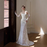 French Lace Light Wedding Dress With Thin Bridal Yarn Temperament Small Tail Light Luxury White Fishtail Dress HZ0517