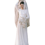 Long-Sleeved Light Wedding Bride Simple French Retro Hepburn Wind Out Light Yarn Outdoor Travel To Shoot The Set Of Face Dress Spring HZ0517