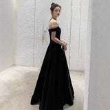Black Evening Dress Dress Women's Long Banquet High-End Temperament Thin Shoulder Size Large-Scale Art Exam Year HZ0517