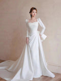 Site Long-Sleeved Light Wedding Dress Bridal French High-Grade White Simple Hepburn Style Go Out Yarn Tail Welcome Dress HZ0517