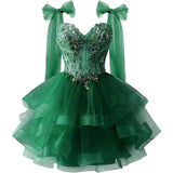 Layered Tulle Back To School Dress Sparkling Lace Decals Bow Strap Teen Short Prom Dress HZ0517