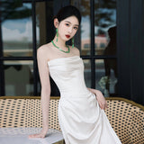 French-Style Lindened Bridal Temperament High-Level Sense Of Simple Shoulder Welcome Out Yarn White Fishtail Dress HZ0517