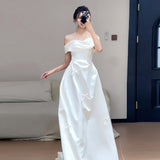 French-Style Sintered Light Wedding Dress With A Word Of The Bride's Engagement Certificate Registration Dress Simple Daily Bow Small White Dress HZ0517