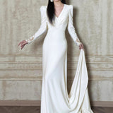 French Long-Sleeved Light Wedding Dress Bride High-End Feeld With The Faucet V. Simple Fish Tail Autumn And Winter Go Out Yarn White Dress Dress HZ0517