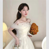 French First Love Card Small White Dress Light Wedding Dress Temperament Chiffon Shoulder Dress High Sense HZ0517