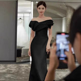 French Black Shoulder-Sand-Faced Banquet Annual Host Birthday Temperament Fish Tail Tail Evening Dress Dress Dress HZ0517