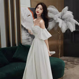 White Dress Woman 2026 New Banquet Temperament Long Dress Party Shoulder Brag Evening Dress HZ0517