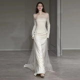 French Hepburn Light Wedding Dress Spring New Fish Tail Repair Slim Long Sleeves To Go Out Simple Yarn Evening Dress HZ0517