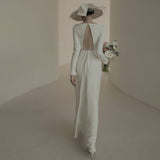 French Light Wedding Dress 2026 Summer Simple Hepburn Long Sleeves Cover The Arms White Fascling Back Dress HZ0517