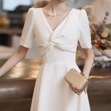 White Dress 2026 Summer Can Usually Wear The French Registration License Small White Dress Banquet Long V Collar Evening Dress HZ0517