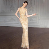 Golden Evening Dress Female Squint Fishtail Bride To Dress Wedding Dress Tout Light Luxury Niche Banquet Temperament Host HZ0517