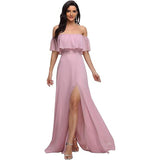 New One-Character Collar Solid-Colored Dress Sleeveless Long-Sleeved-Sided Chiffon Evening Dress Open Skirt HZ0517